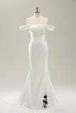 White Mermaid Off The Shoulder Pleated Satin Long Wedding Dress with Slit