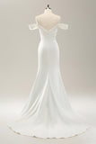 White Mermaid Off The Shoulder Pleated Satin Long Wedding Dress with Slit