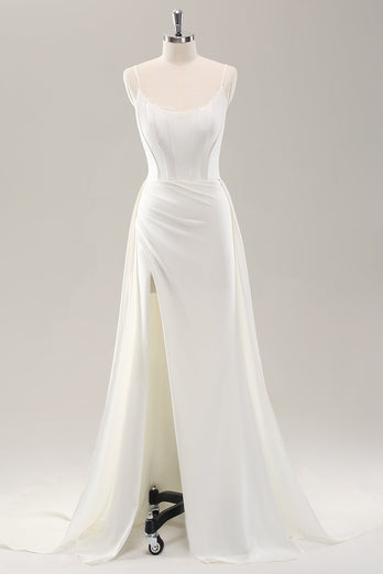 White Spaghetti Straps Satin Sweep Train Wedding Dress with Slit