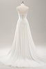 Load image into Gallery viewer, White Spaghetti Straps Satin Sweep Train Wedding Dress with Slit