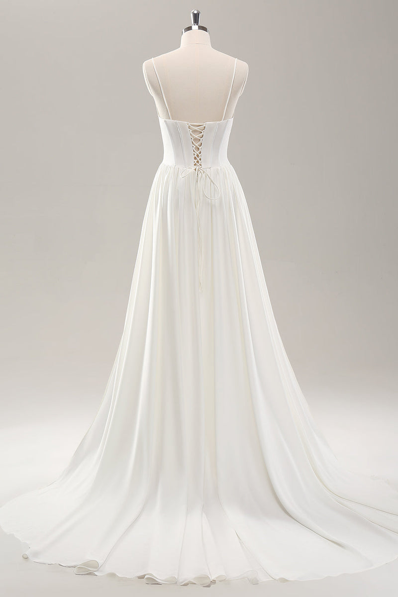 Load image into Gallery viewer, White Spaghetti Straps Satin Sweep Train Wedding Dress with Slit