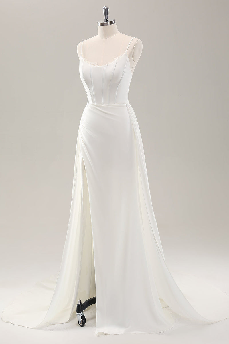 Load image into Gallery viewer, White Spaghetti Straps Satin Sweep Train Wedding Dress with Slit