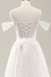 White A Line Off the Shoulder Corset Wedding Dress with Lace-up Back