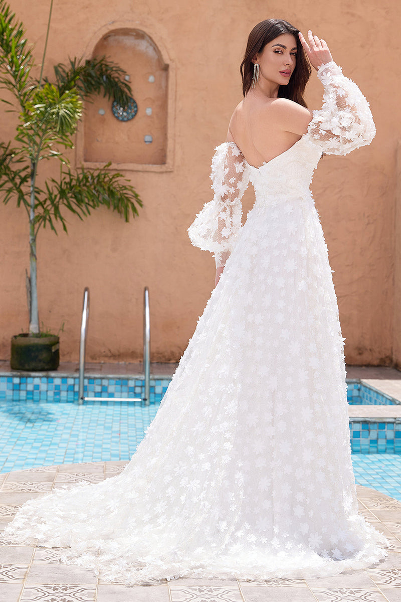 Load image into Gallery viewer, A Line Sweetheart Applique Lace White Wedding Dress with Detachable Sleeves