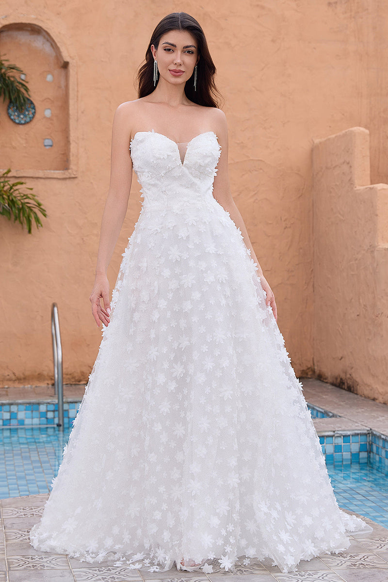 Load image into Gallery viewer, A Line Sweetheart Applique Lace White Wedding Dress with Detachable Sleeves