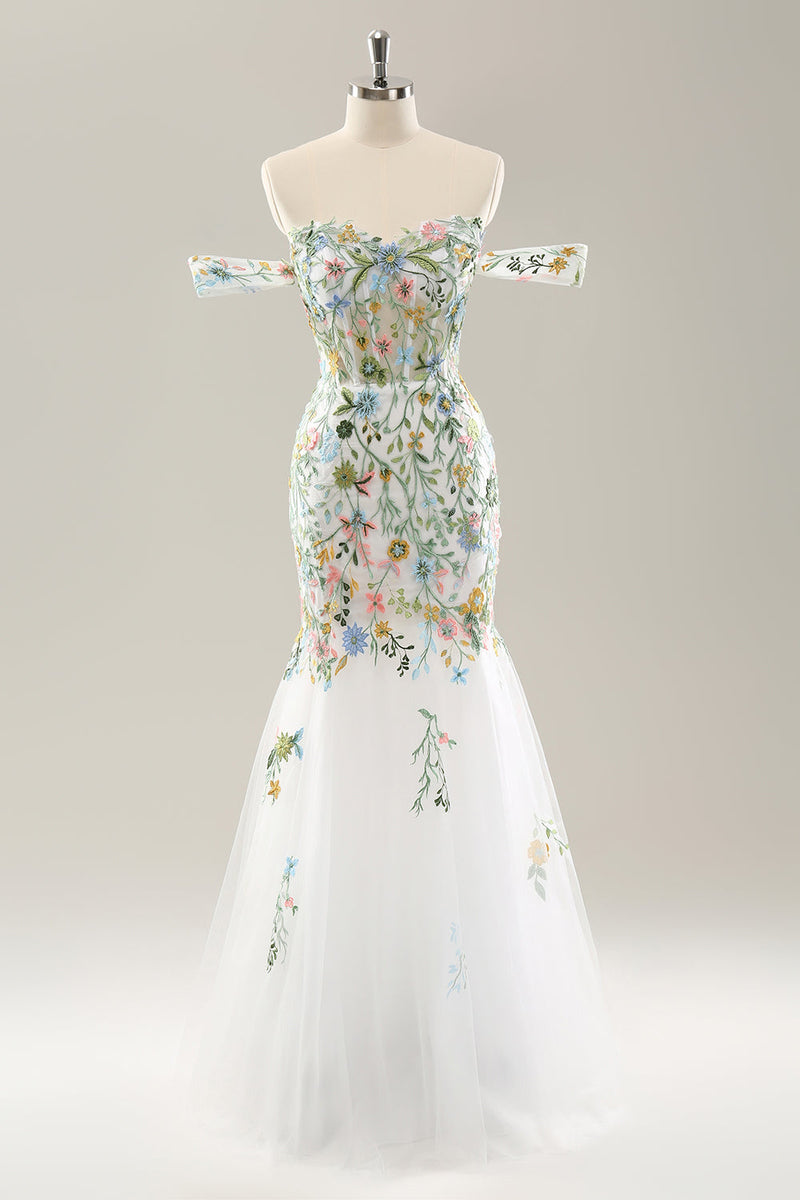 Load image into Gallery viewer, White Mermaid Off the Shoulder Flowers Corset Long Bridal Dress