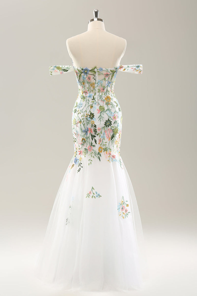 Load image into Gallery viewer, White Mermaid Off the Shoulder Flowers Corset Long Bridal Dress