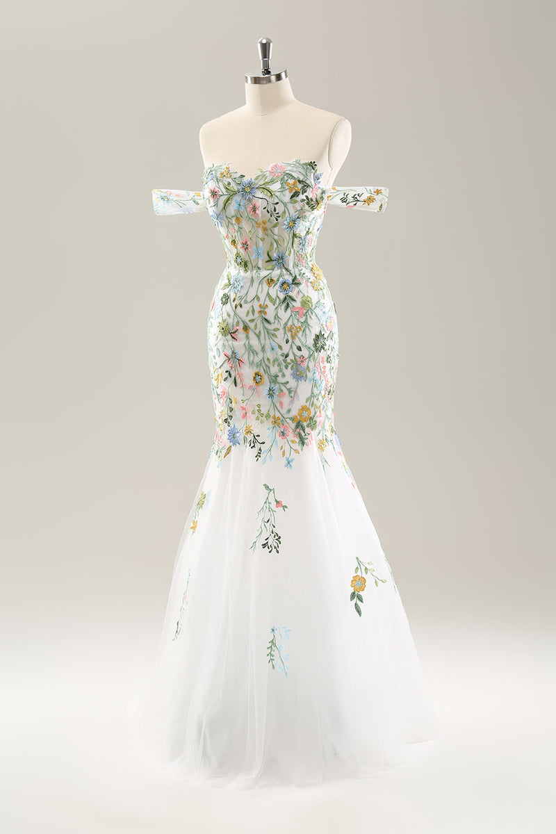 Load image into Gallery viewer, White Mermaid Off the Shoulder Flowers Corset Long Bridal Dress