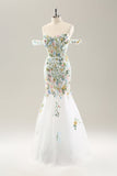 White Mermaid Off the Shoulder Flowers Corset Long Bridal Dress