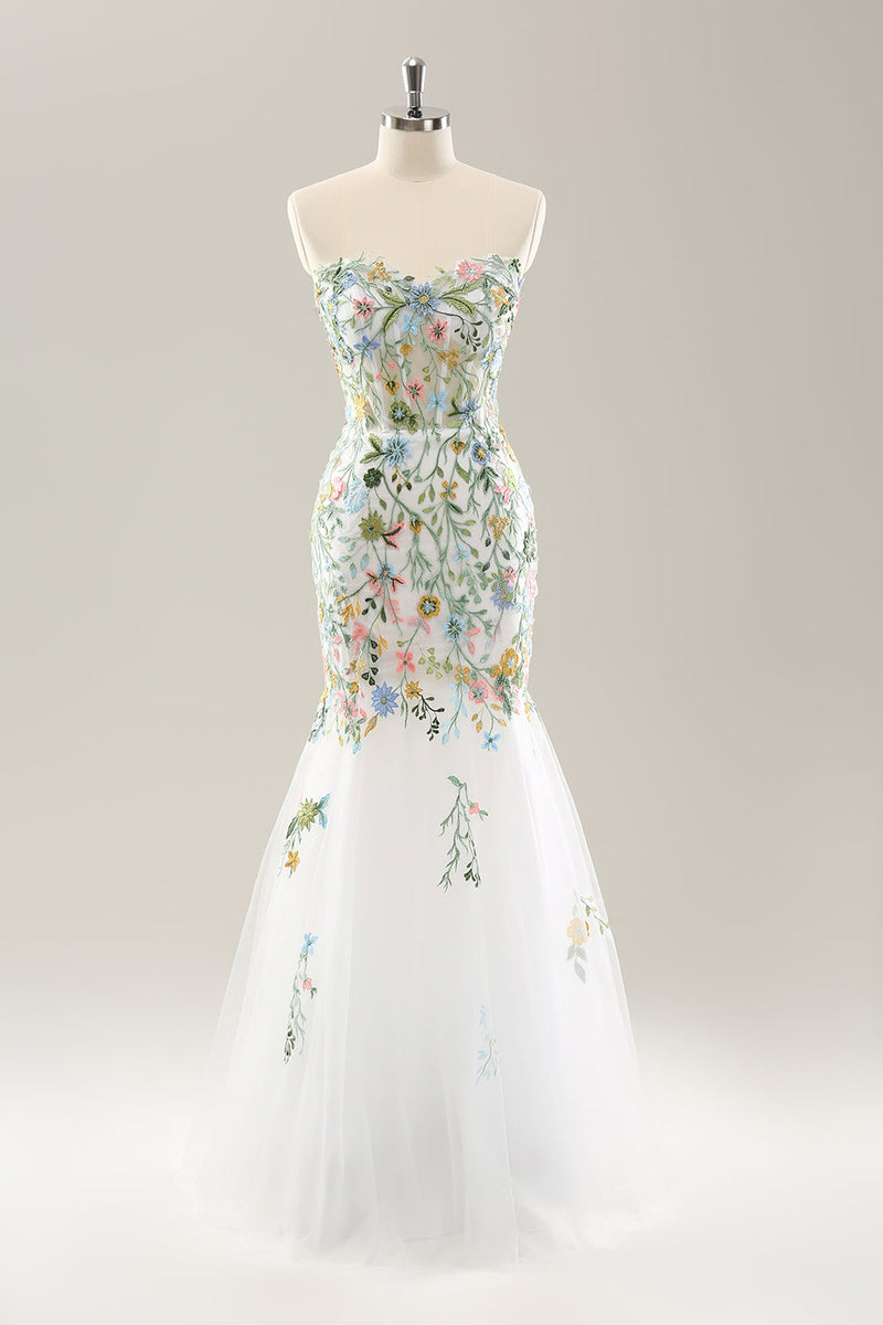 Load image into Gallery viewer, White Mermaid Off the Shoulder Flowers Corset Long Bridal Dress