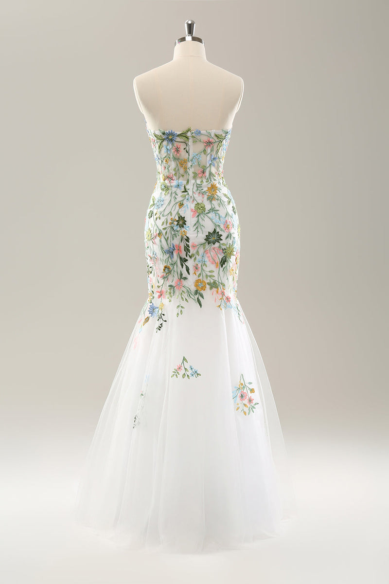 Load image into Gallery viewer, White Mermaid Off the Shoulder Flowers Corset Long Bridal Dress