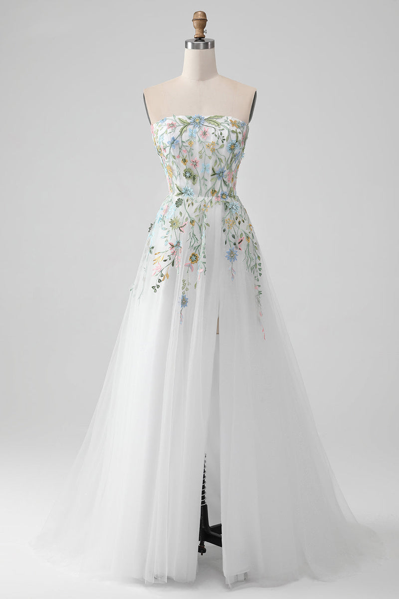 Load image into Gallery viewer, White A Line Strapless 3D Flowers Tulle Wedding Dress with Slit
