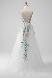 White A Line Strapless 3D Flowers Tulle Wedding Dress with Slit
