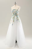 White A Line Strapless 3D Flowers Tulle Wedding Dress with Slit