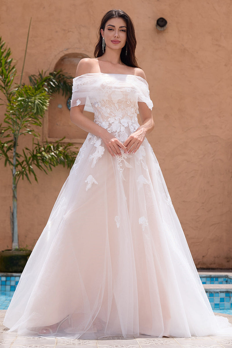 Load image into Gallery viewer, White A Line Off the Shoulder Tulle Lace Bridal Party Dress with Embroidery