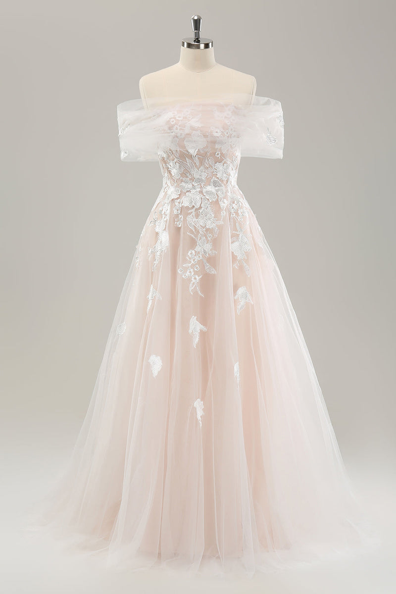 Load image into Gallery viewer, White A Line Off the Shoulder Tulle Long Bridal Dress with Embroidery