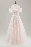 White A Line Off the Shoulder Tulle Long Bridal Dress with Embroidery