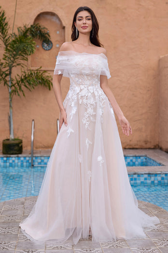 White A Line Off the Shoulder Tulle Lace Bridal Party Dress with Embroidery