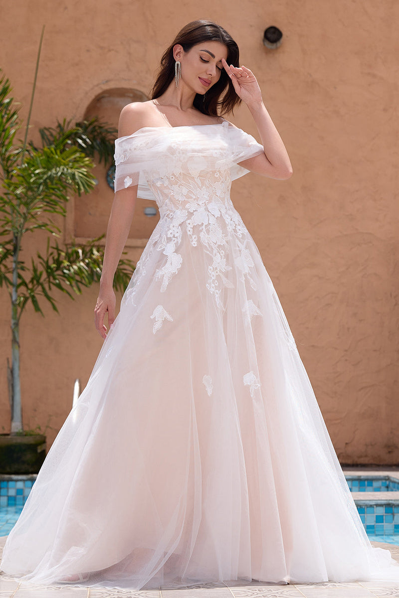 Load image into Gallery viewer, White A Line Off the Shoulder Tulle Lace Bridal Party Dress with Embroidery