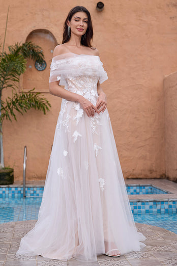 White A Line Off the Shoulder Tulle Lace Bridal Party Dress with Embroidery