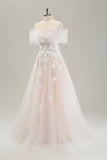 White A Line Off the Shoulder Tulle Long Bridal Dress with Embroidery