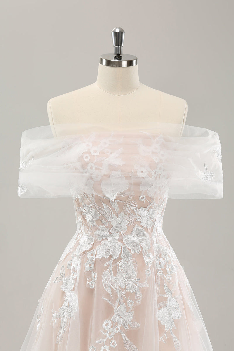 Load image into Gallery viewer, White A Line Off the Shoulder Tulle Long Bridal Dress with Embroidery