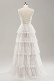 White A Line Spaghetti Straps Tiered Lace Wedding Dress with Lace-up Back