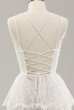 White A Line Spaghetti Straps Tiered Lace Wedding Dress with Lace-up Back