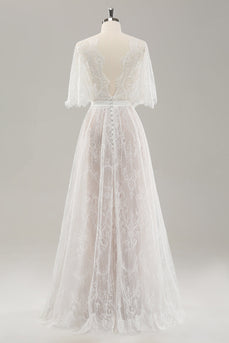 White A Line Sweetheart Lace Long Wedding Dress with Short Sleeves