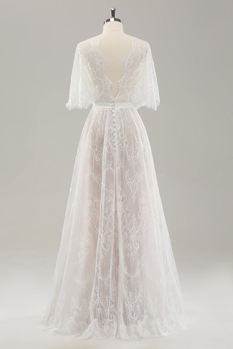 Load image into Gallery viewer, White A Line Sweetheart Lace Long Wedding Dress with Short Sleeves