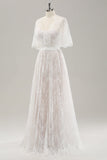 White A Line Sweetheart Lace Long Wedding Dress with Short Sleeves