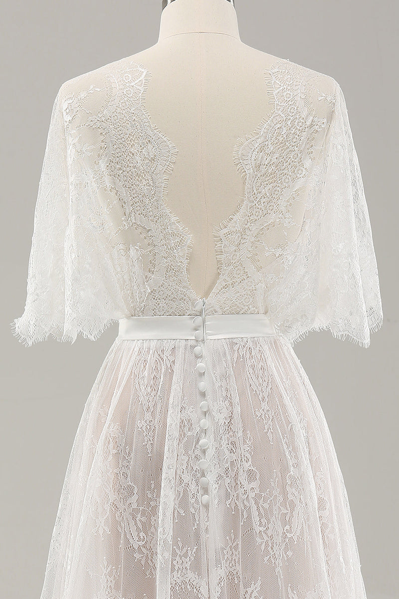 Load image into Gallery viewer, White A Line Sweetheart Lace Long Wedding Dress with Short Sleeves