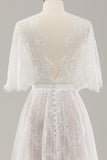 White A Line Sweetheart Lace Long Wedding Dress with Short Sleeves