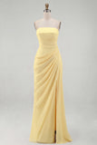 Strapless Light Pink Sheath Ruched Long Prom Dress with Slit