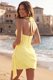 Halter Ivory Bodycon Corset Ruched Short Graduation Dress with Sash