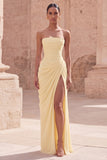 Strapless Light Pink Sheath Ruched Long Prom Dress with Slit