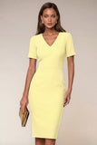 Bodycon Navy V-Neck Short Sleeves Midi Work Dress with Slit