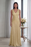 Dusty Rose A Line V Neck Pleated Long Evening Dress