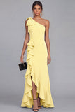 One Shoulder Black Sheath Long Evening Dress with Ruffle Slit