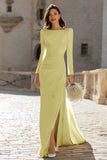 Ivory Boat Neck Long Sleeve Wedding Dress with Slit