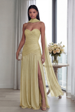 Strapless Dusty Sage Pleated A Line Streamer Long Evening Dress with Slit
