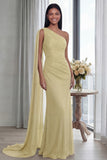 Navy One Shoulder Sheath Ruched Long Evening Dress with Side Cape