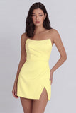Strapless Bodycon Ruched White Graduation Dress with Slit