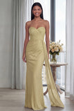Back Strapless Sheath Ruched Long Evening Dress with Ribbon