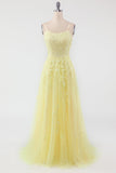 Gorgeous A Line Spaghetti Straps Yellow Long Prom Dress with Appliques