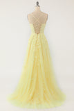 Gorgeous A Line Spaghetti Straps Yellow Long Prom Dress with Appliques