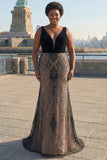 Black Deep V Neck Mermaid Long Plus Size Prom Dress with Open Back