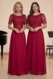 Burgundy A Line Round Neck Long Choir Dress With Sequins