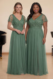 Green Beaded A-Line Tulle V-Neck Long Choir Dress