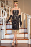 Sparkly Black Sheath Spaghetti Straps  Sequin Fringed Midi 1920s Dress